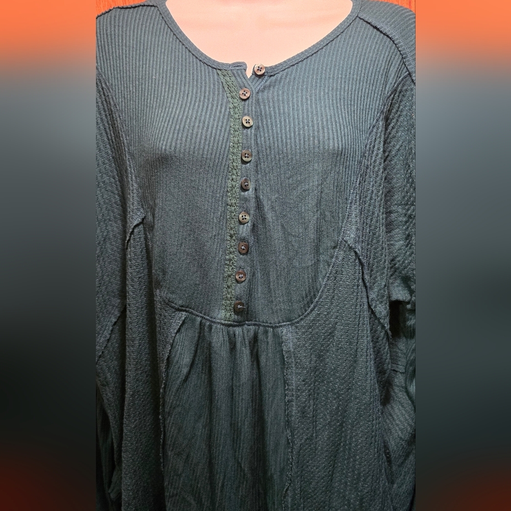 Free People women's green/teal Button-Up waffle Top szM - Picture 5 of 8